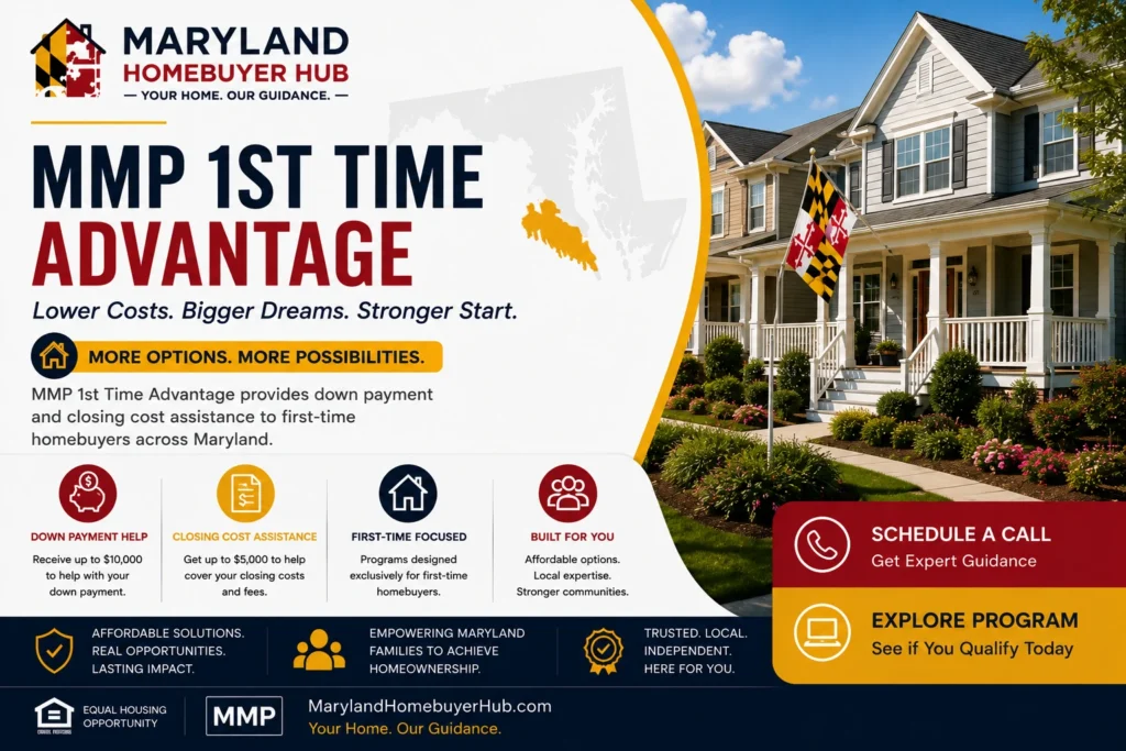 Maryland first-time homebuyers exploring MMP 1st Time Advantage down payment assistance options