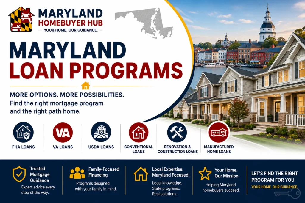 Maryland loan programs for homebuyers including FHA, VA, USDA, conventional, renovation, construction and manufactured home financing