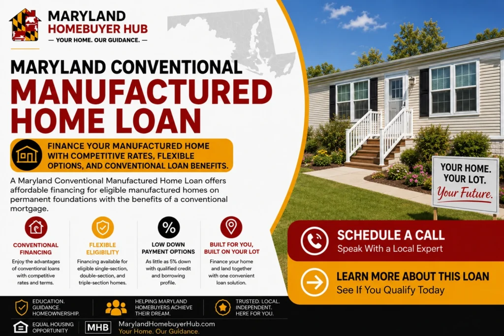 Maryland Conventional Manufactured Home Loan financing for eligible manufactured homes in Maryland.