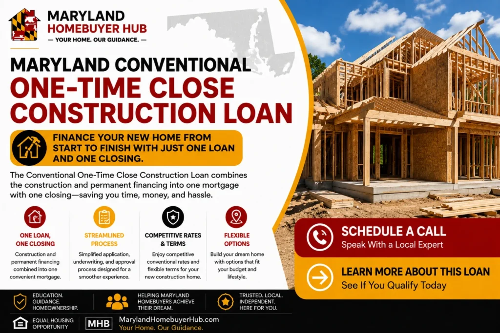 Maryland Conventional One-Time Close Construction Loan for financing new home construction and permanent mortgage financing with one loan and one closing.