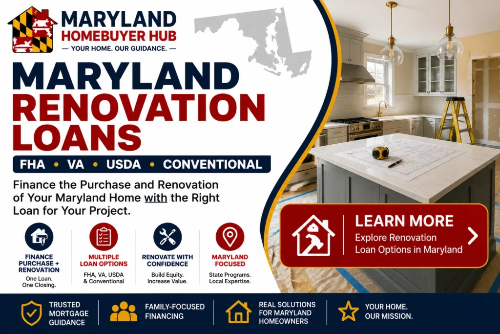 Maryland Renovation Loans comparing FHA, VA, USDA and Conventional renovation financing options