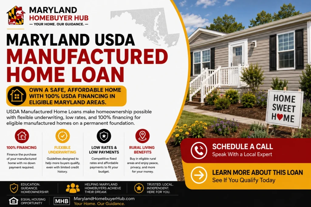 Maryland USDA Manufactured Home Loan for eligible homebuyers financing a qualifying manufactured home with 100% USDA financing in an eligible area.