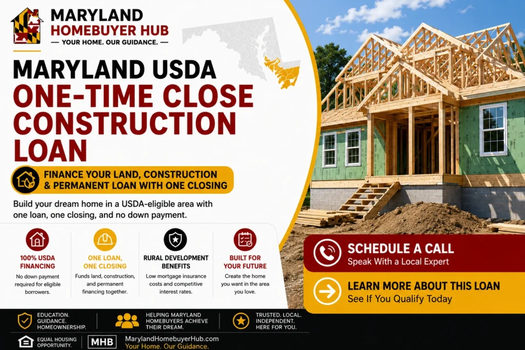 Maryland USDA One-Time Close Construction Loan for eligible homebuyers building a new home in a USDA-eligible area.