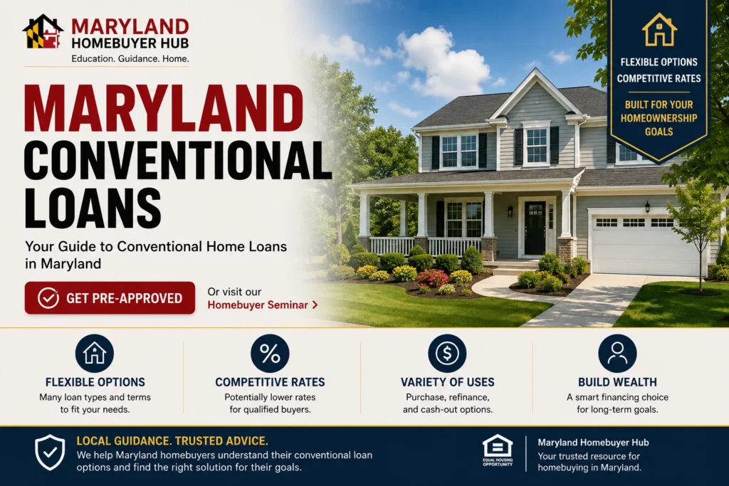 Maryland Conventional Loans guide explaining low down payment options, competitive rates, flexible property types, and conventional financing for Maryland homebuyers.