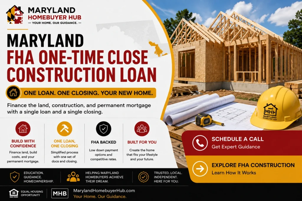 Maryland FHA One-Time Close Construction Loan for financing land, home construction, and a permanent mortgage with one loan
